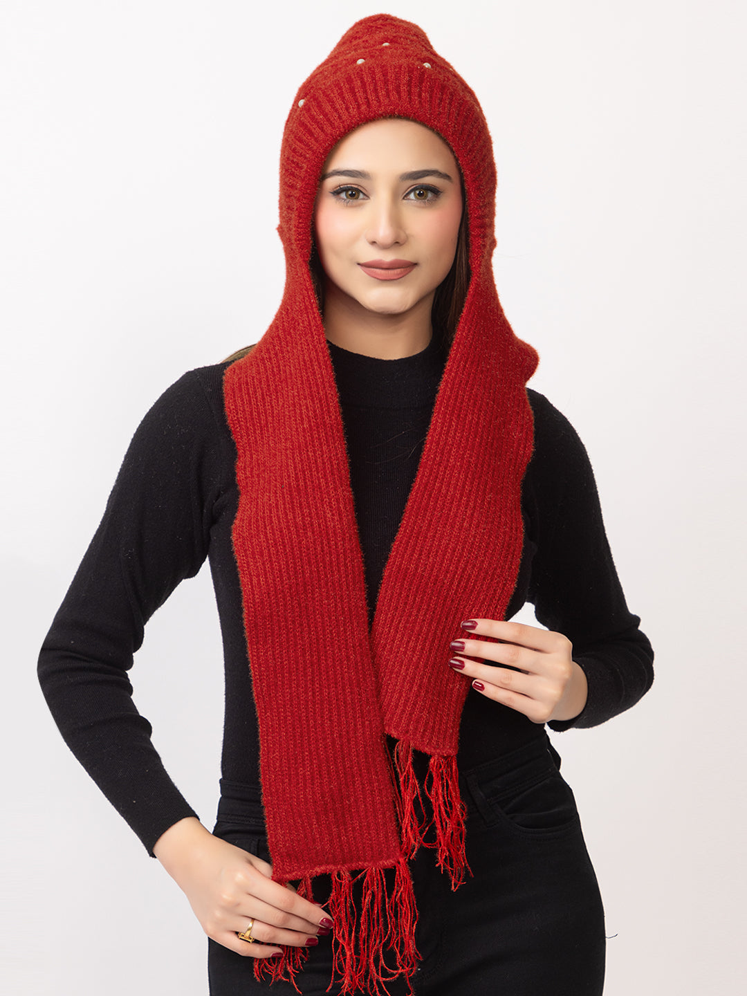 Scarf Womens Red Bobble Hat Pearl Beanie Muffler Cap With Attached