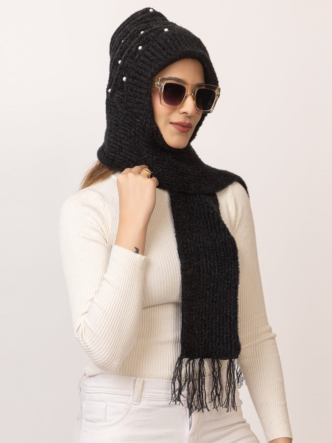 Pearl Beanie Muffler Cap with Attached Scarf for Women -Black