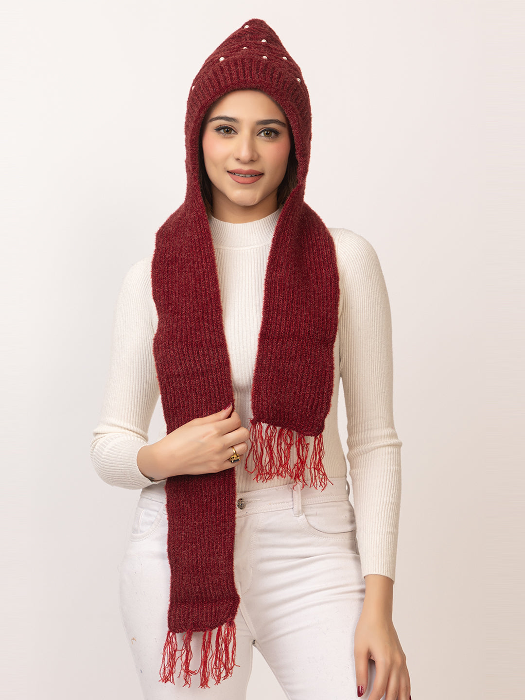 Pearl Beanie Muffler Cap with Attached Scarf for Women -Maroon