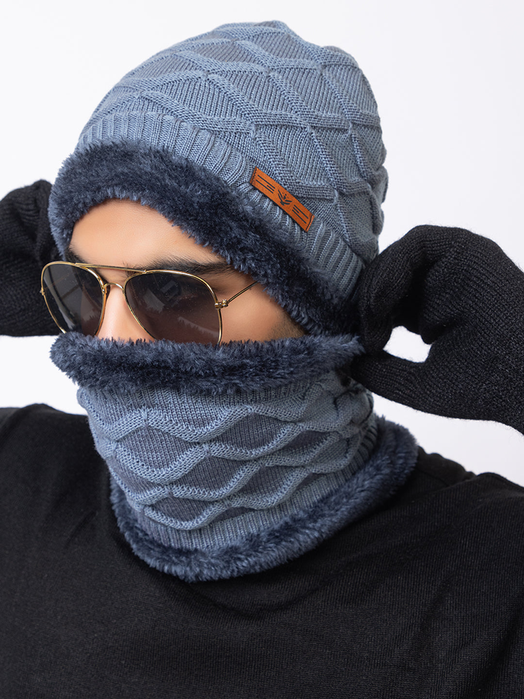 Woolen Knit Unisex Beanie Cap and Neck Warmer Set with Double Fur Lining and Gloves Combo Grey