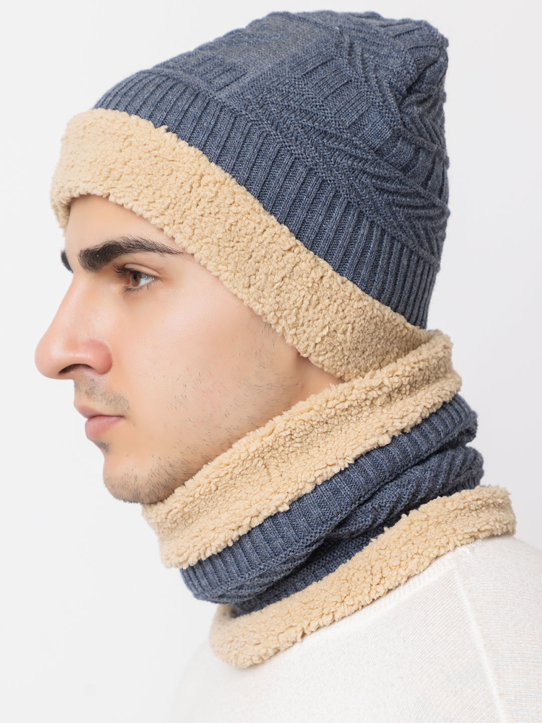 Winter Woolen Beanie cap & neck set - Grey