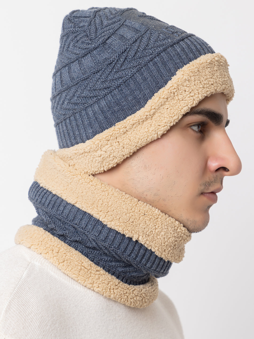 Winter Woolen Beanie cap & neck set - Grey