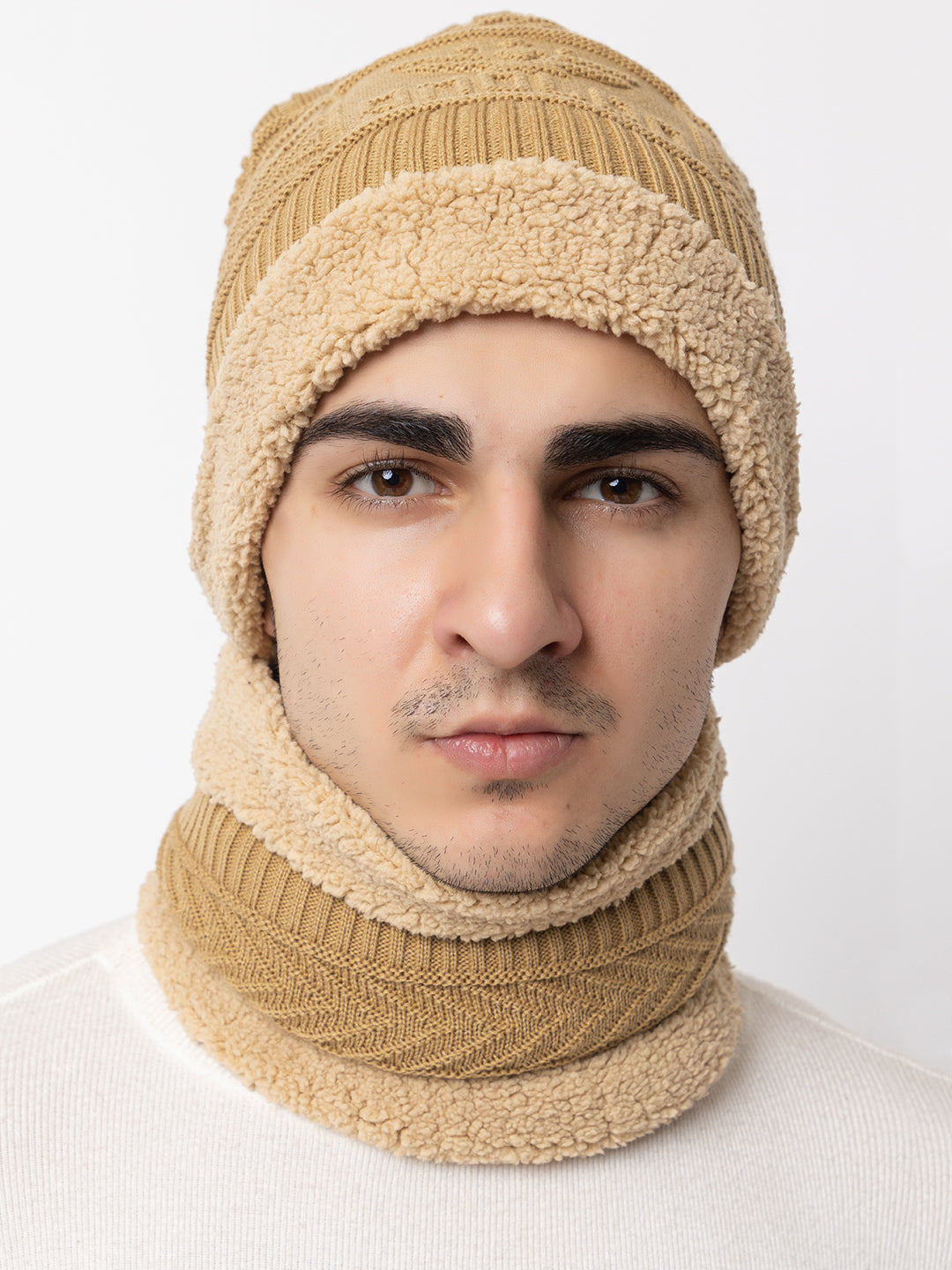 Winter Woolen Beanie cap & neck set - Beige