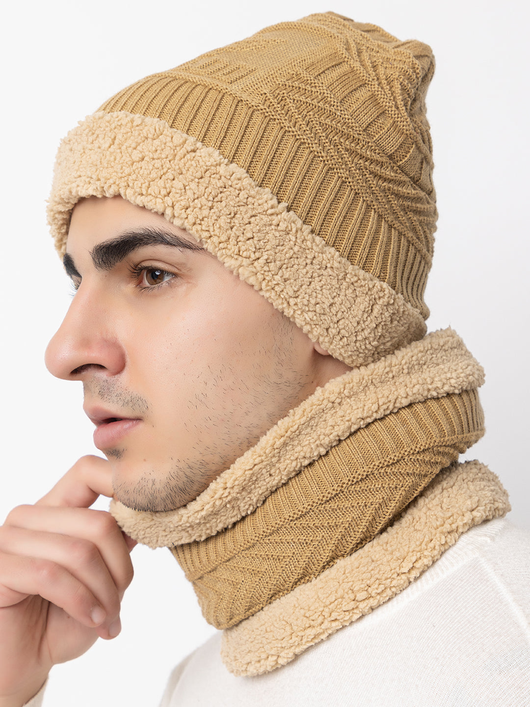 Winter Woolen Beanie cap & neck set - Beige