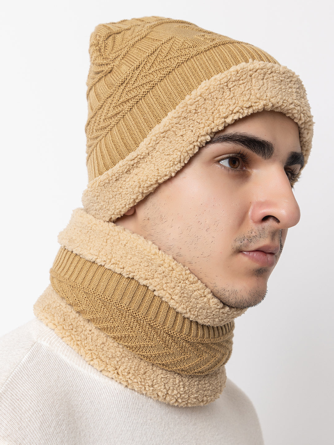 Winter Woolen Beanie cap & neck set - Beige