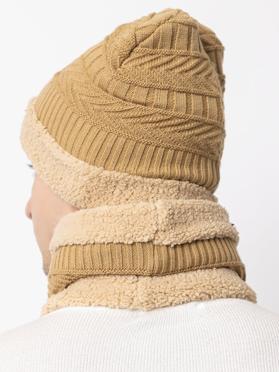 Winter Woolen Beanie cap & neck set - Beige