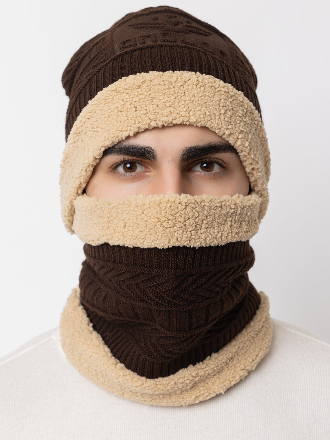 Winter Woolen Beanie cap & neck set - Brown