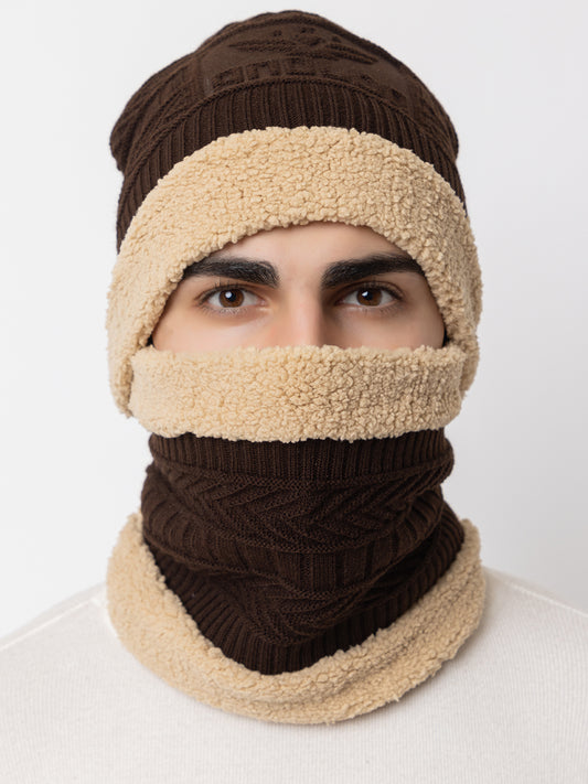 Winter Woolen Beanie cap & neck set - Brown