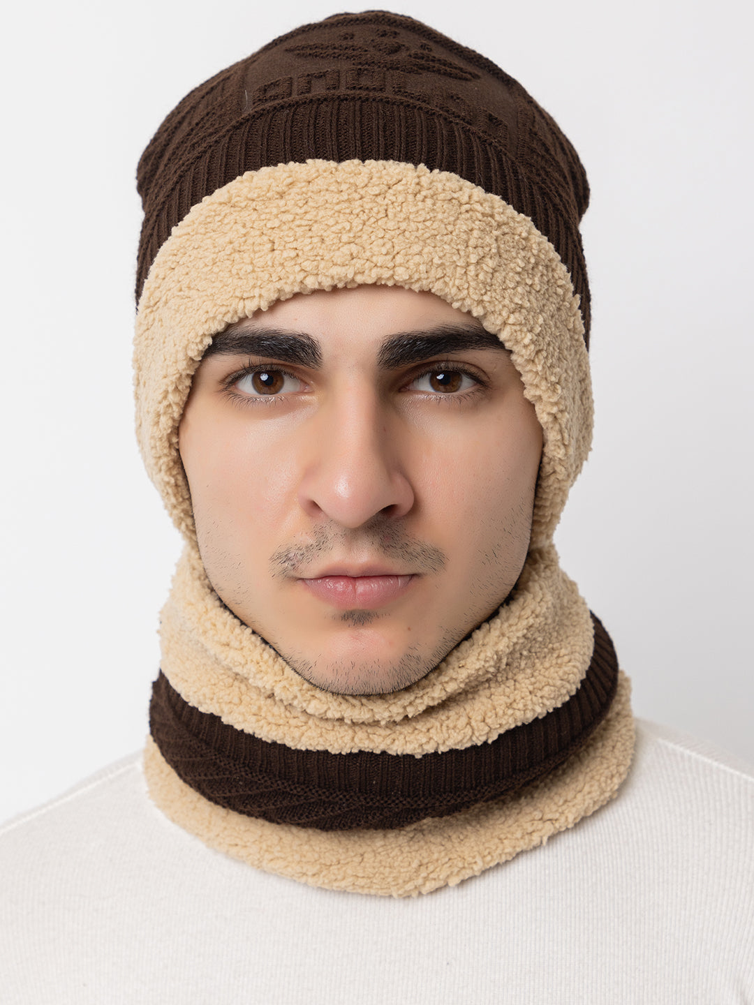 Winter Woolen Beanie cap & neck set - Brown