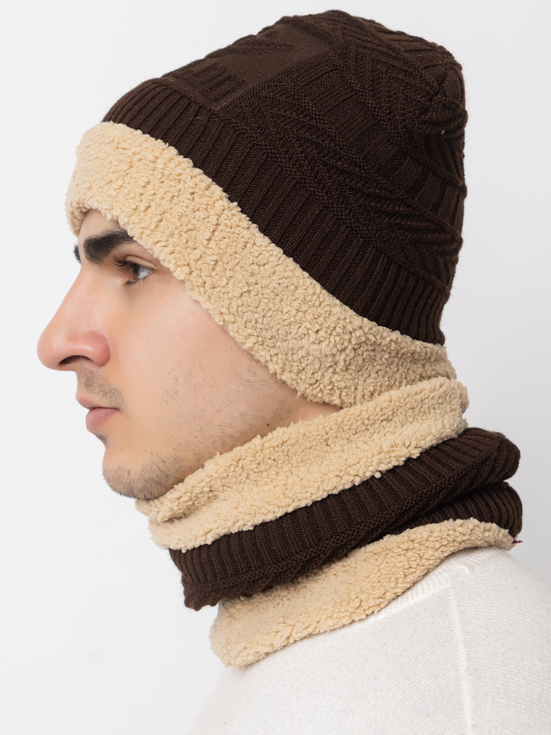 Winter Woolen Beanie cap & neck set - Brown