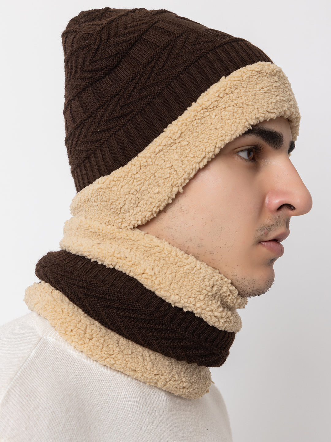 Winter Woolen Beanie cap & neck set - Brown