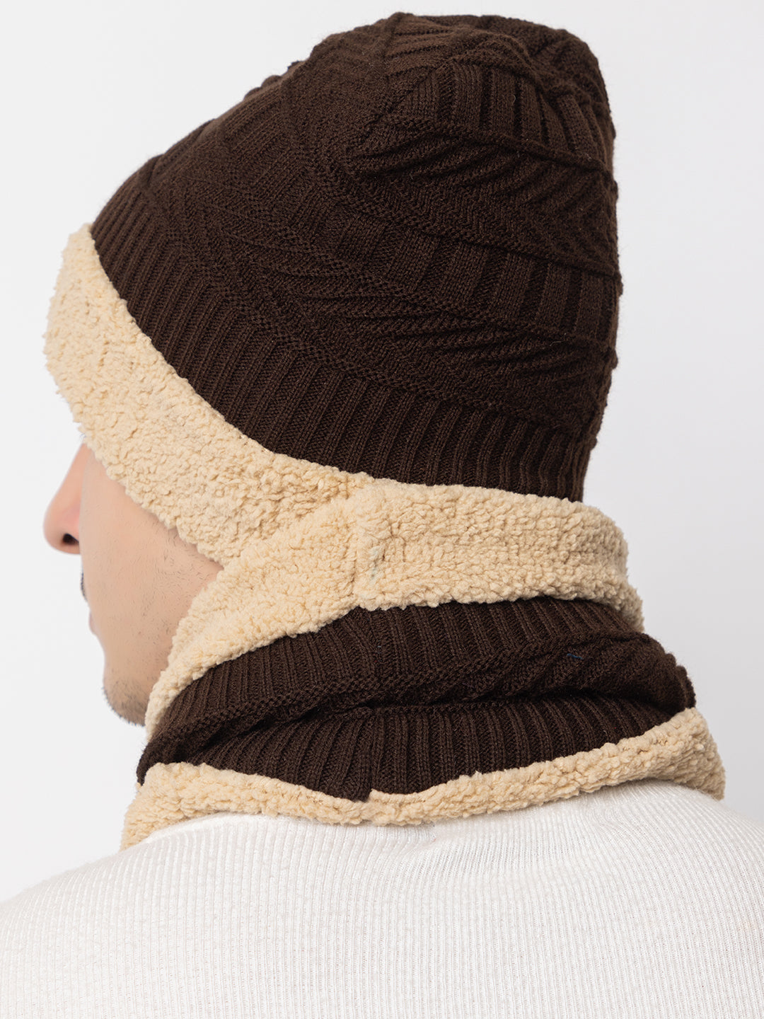 Winter Woolen Beanie cap & neck set - Brown