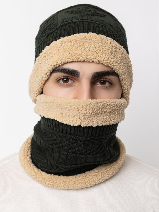 Winter Woolen Beanie cap & neck set - Olive