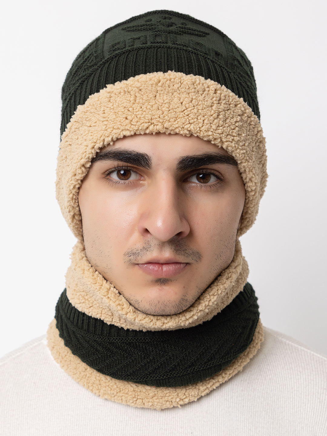 Winter Woolen Beanie cap & neck set - Olive