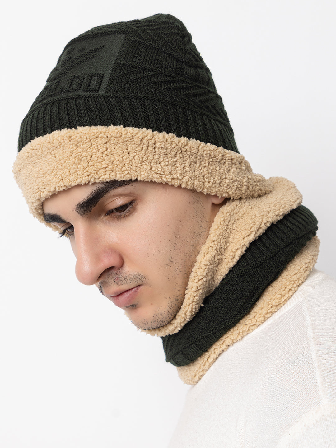 Winter Woolen Beanie cap & neck set - Olive