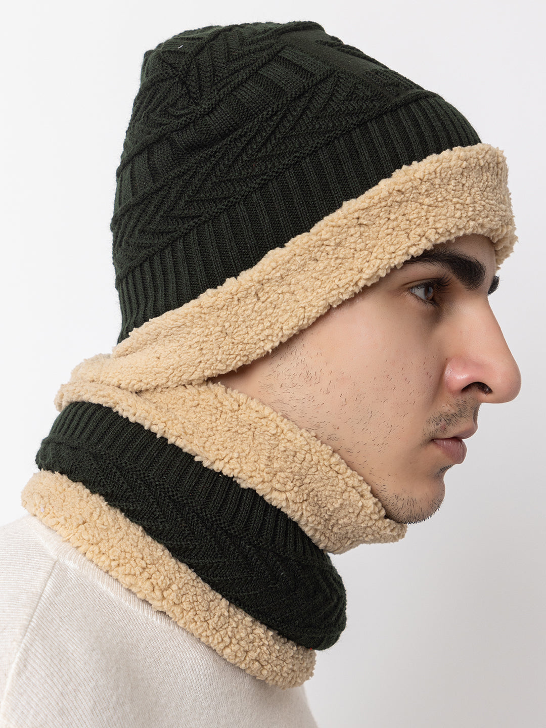 Winter Woolen Beanie cap & neck set - Olive