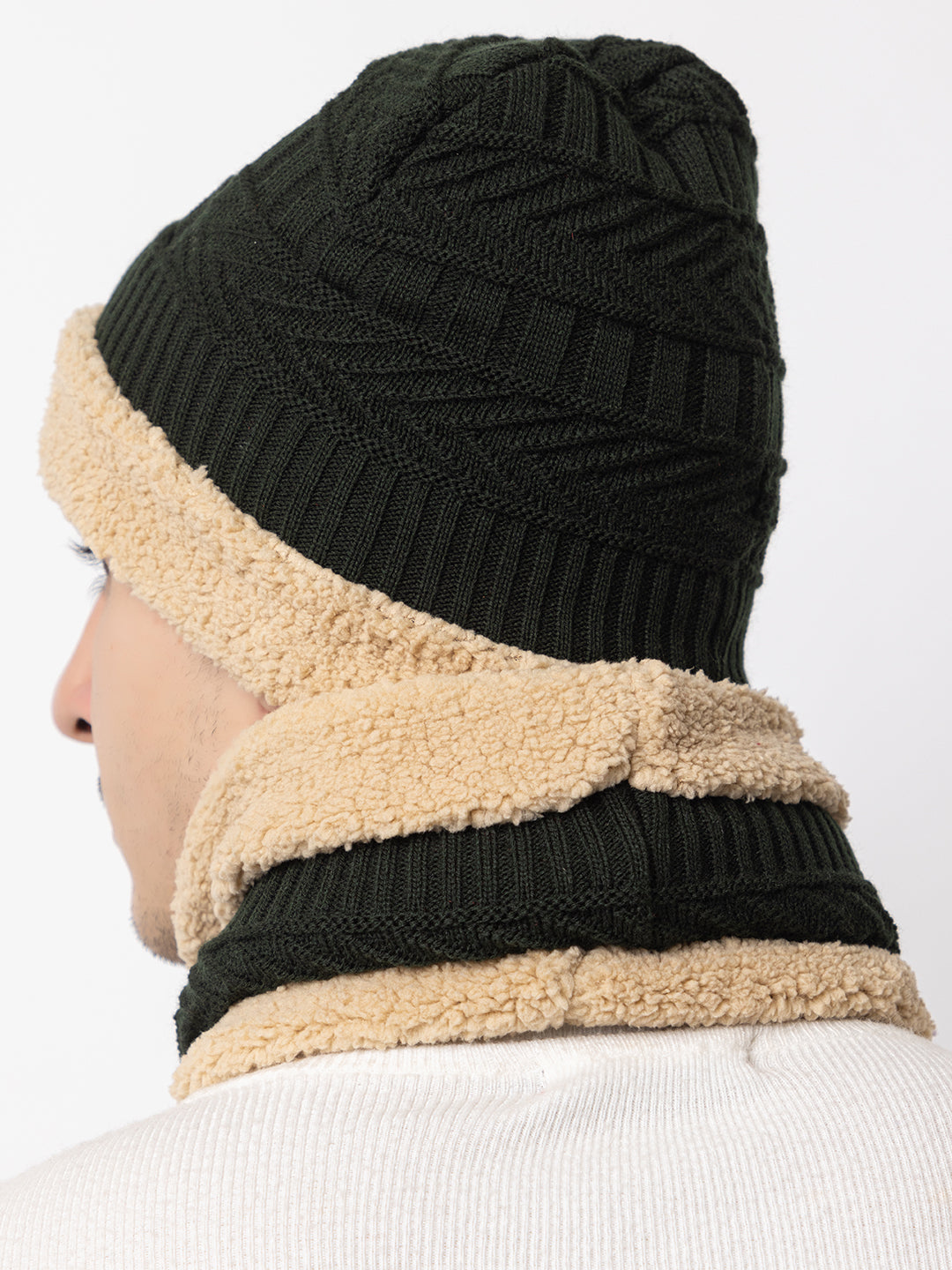 Winter Woolen Beanie cap & neck set - Olive