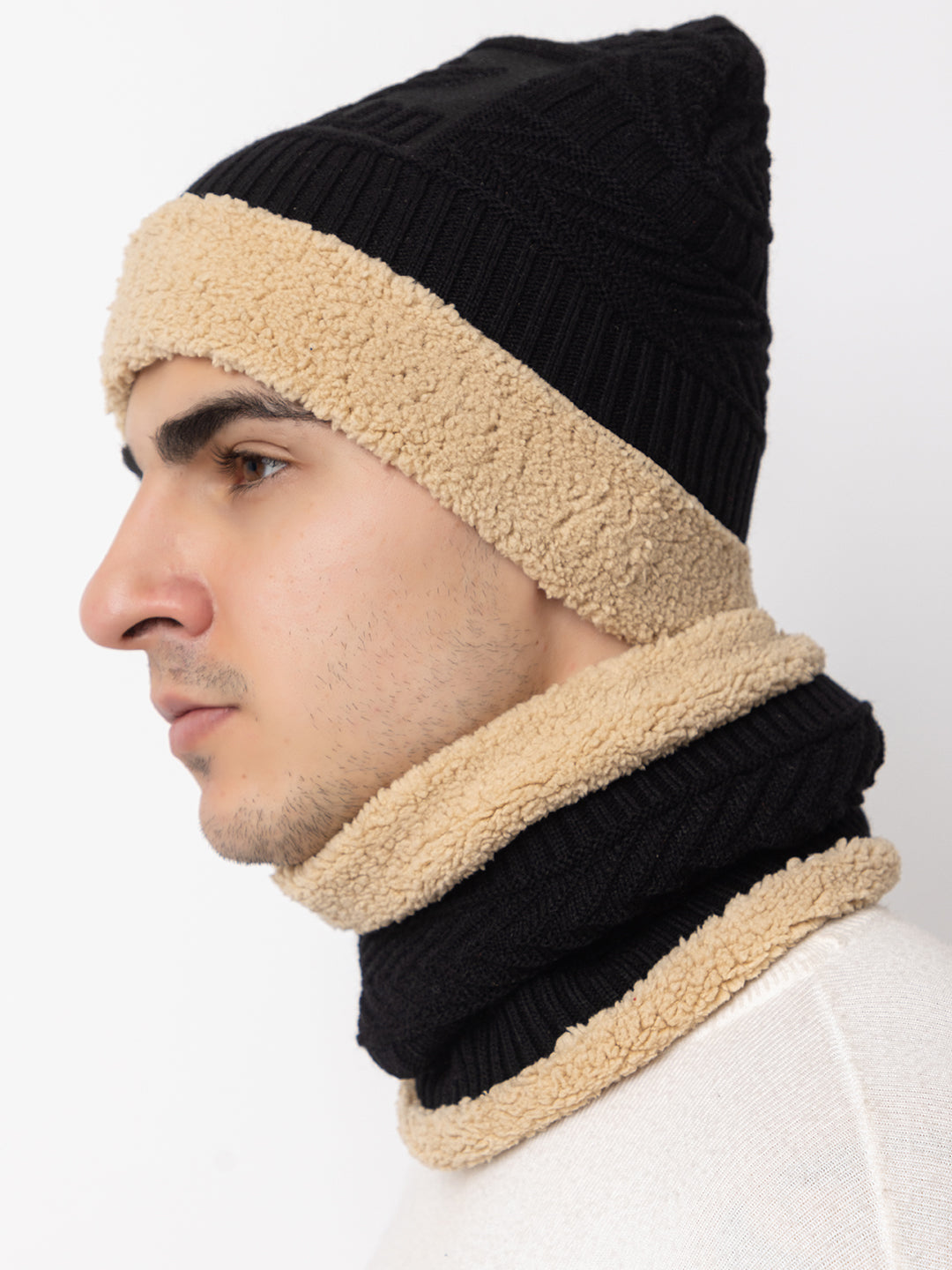 Unisex Winter Woolen Beanie cap & neck set - Black