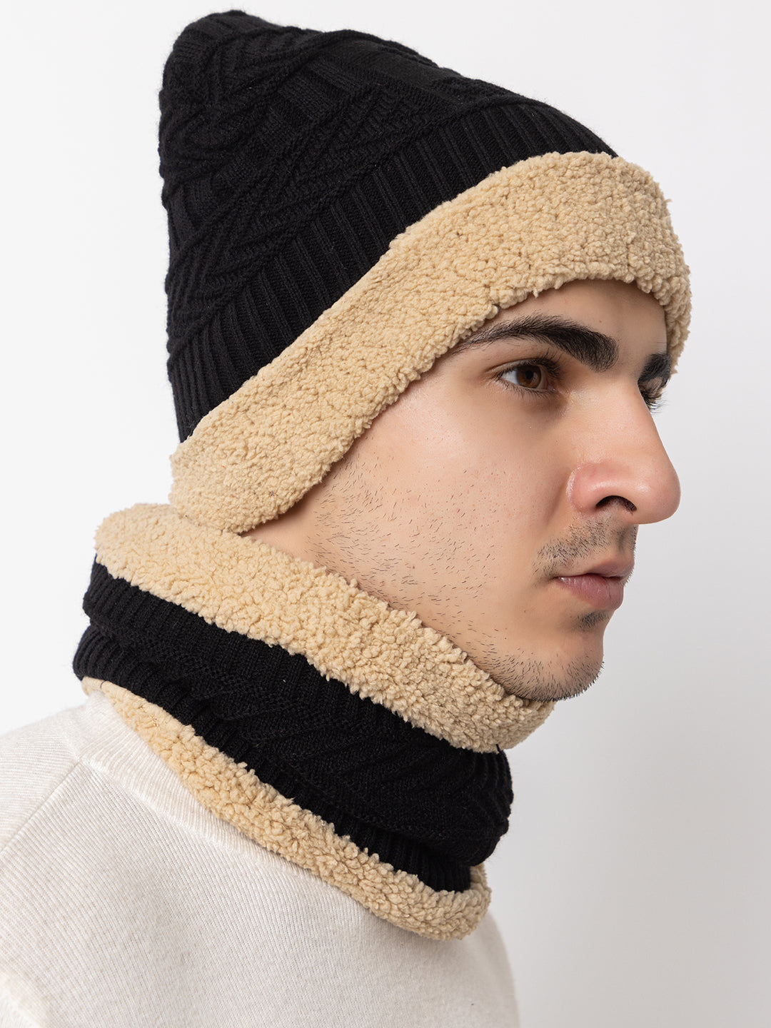 Unisex Winter Woolen Beanie cap & neck set - Black