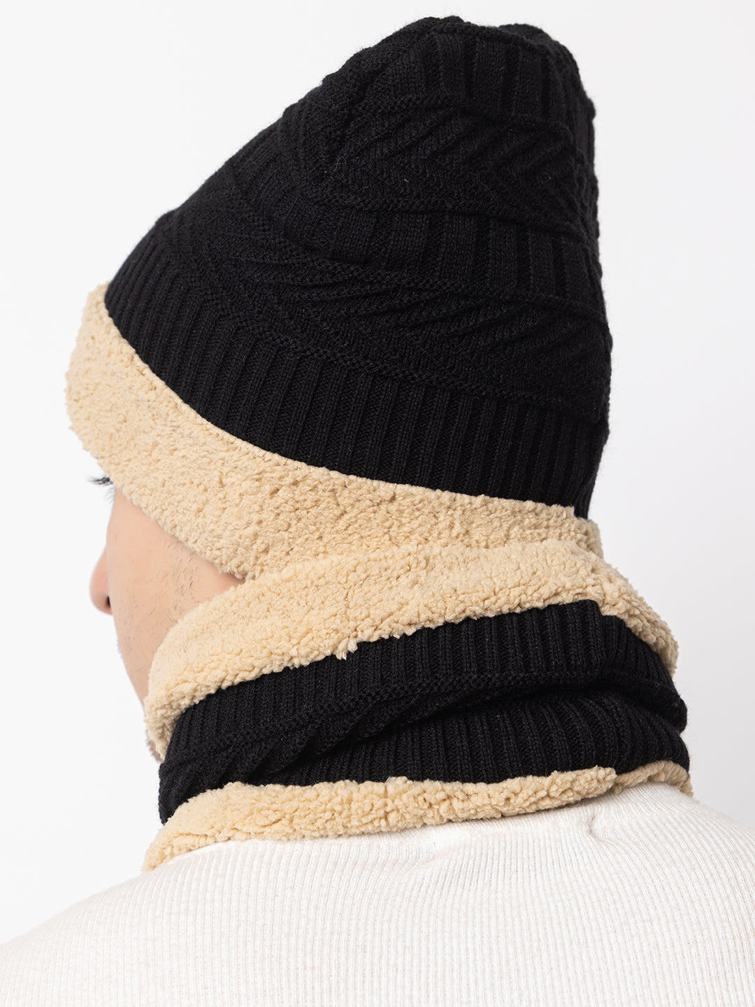 Unisex Winter Woolen Beanie cap & neck set - Black