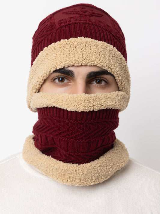 Winter Woolen Beanie cap & neck set - Maroon