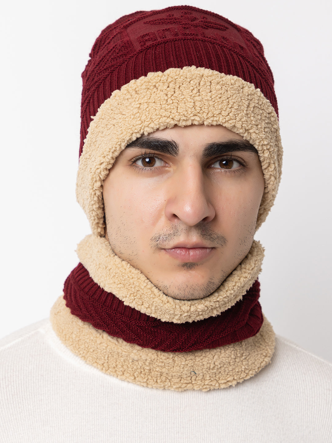 Winter Woolen Beanie cap & neck set - Maroon