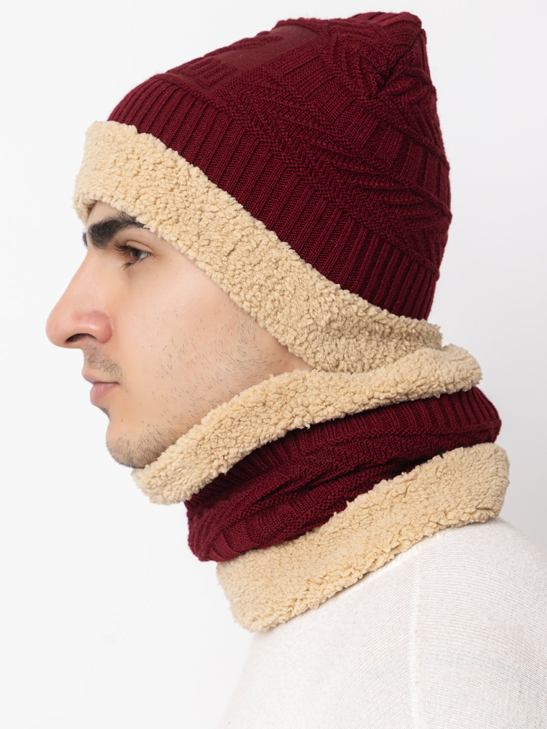 Winter Woolen Beanie cap & neck set - Maroon