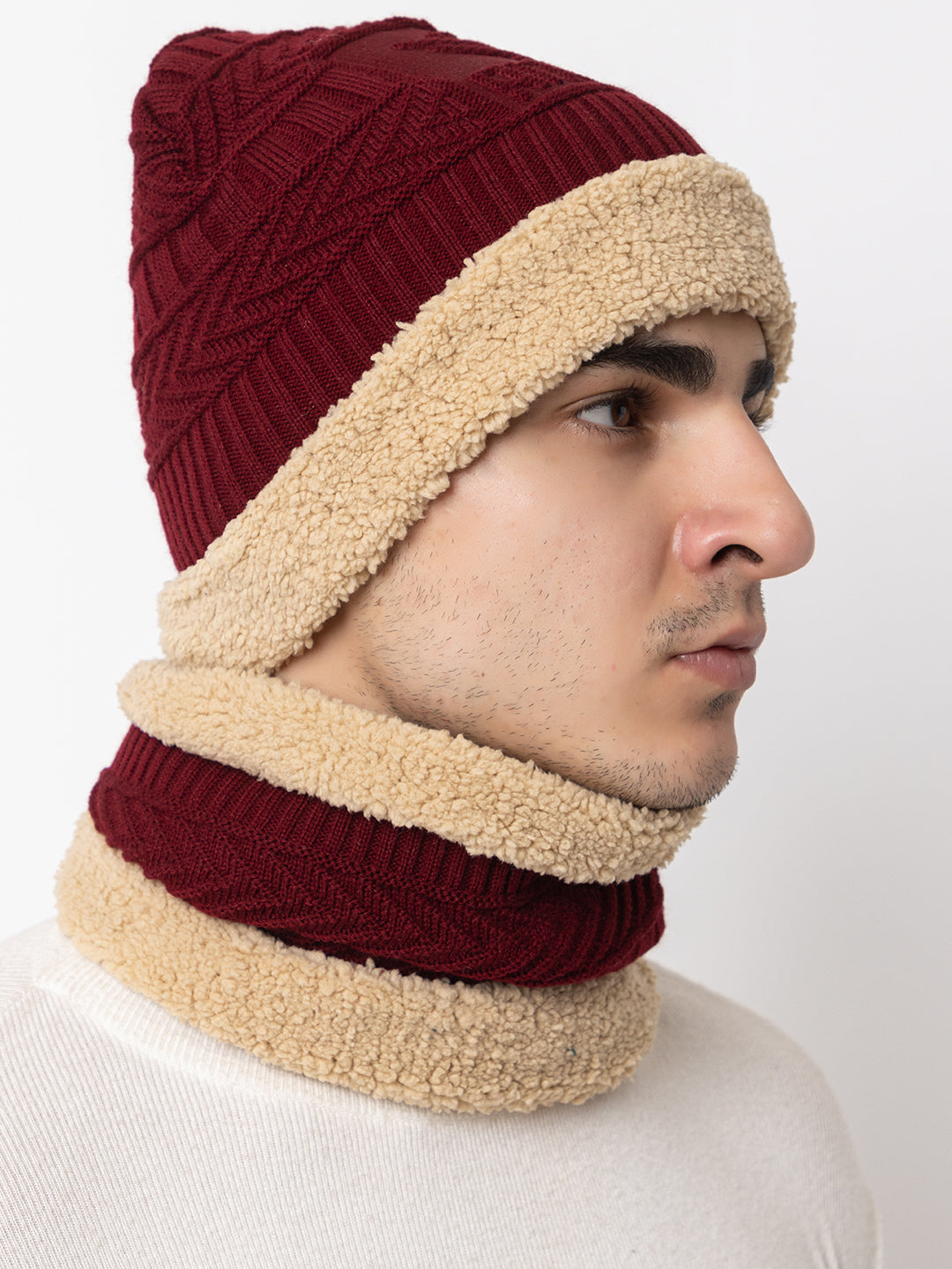 Winter Woolen Beanie cap & neck set - Maroon