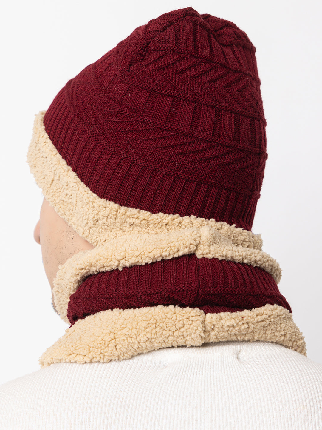 Winter Woolen Beanie cap & neck set - Maroon