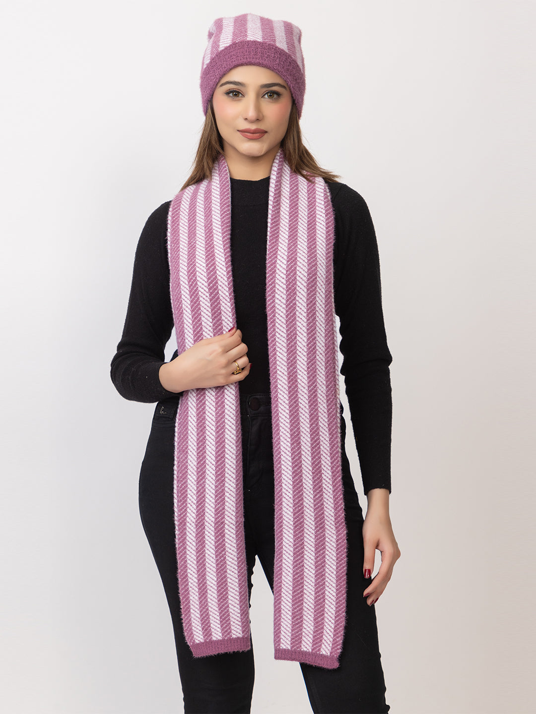 Pink striper scarf cap combo