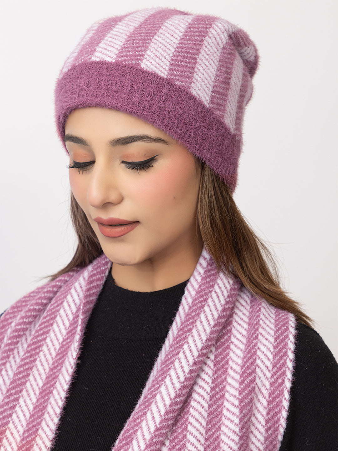 Pink striper scarf cap combo