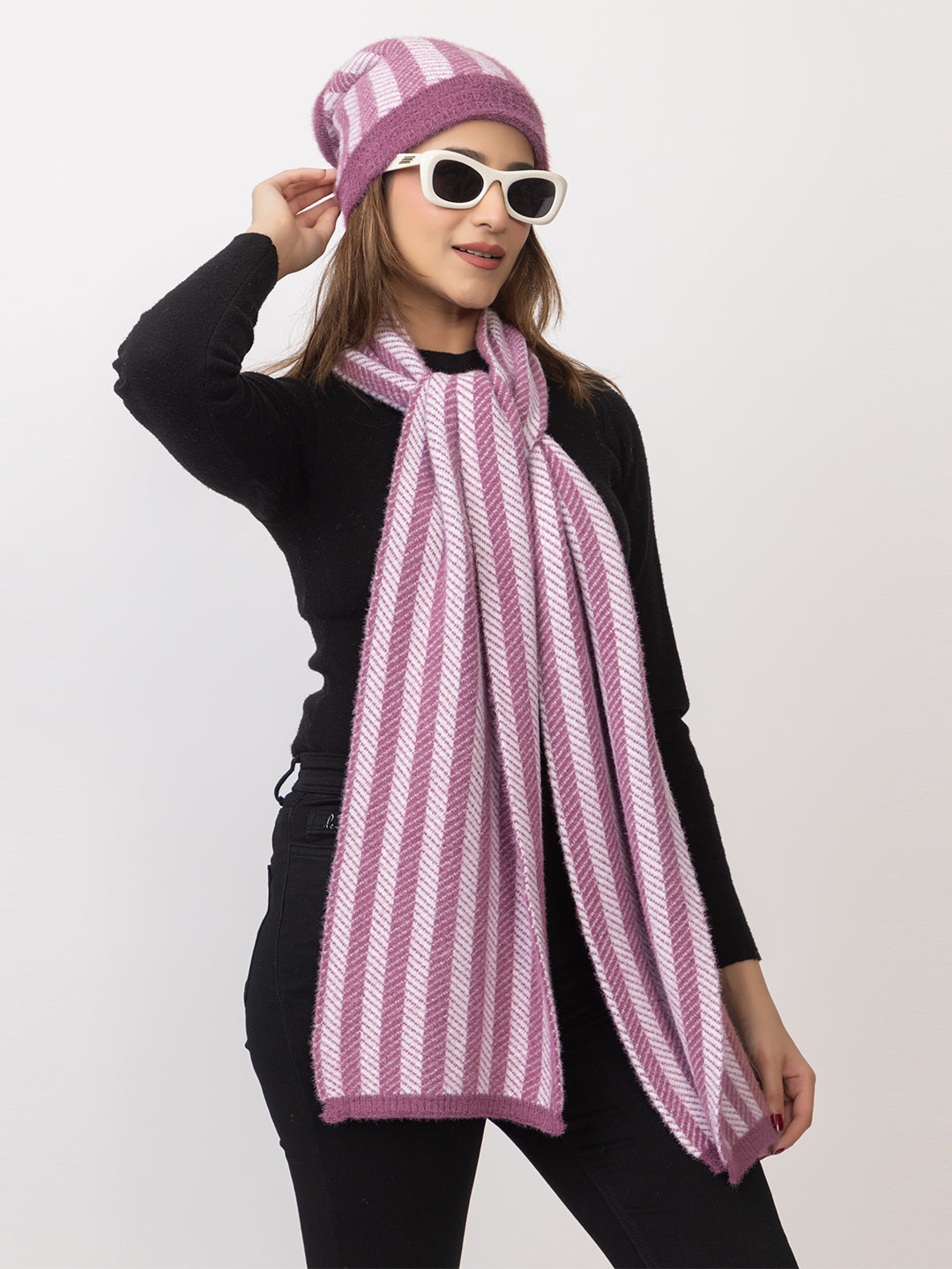 Pink striper scarf cap combo