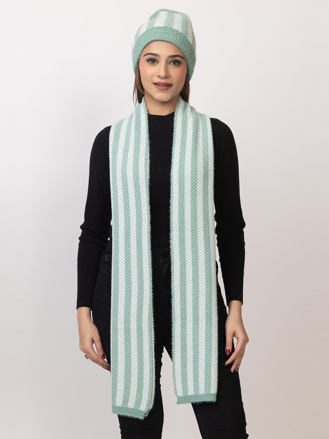 Green striper scarf cap combo