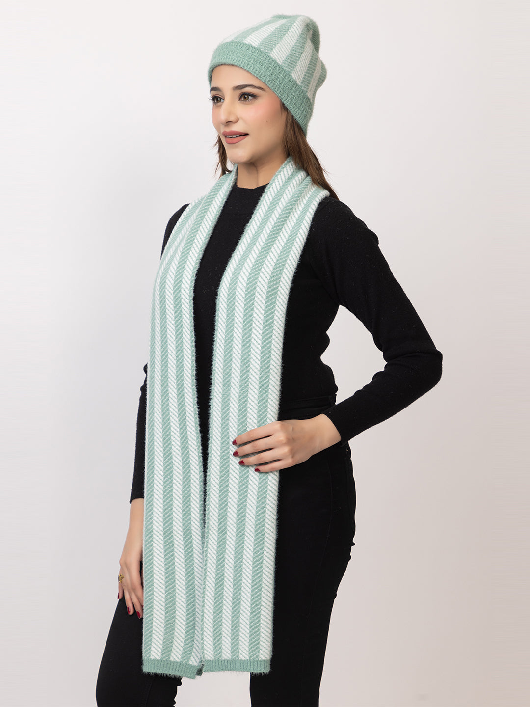 Green striper scarf cap combo