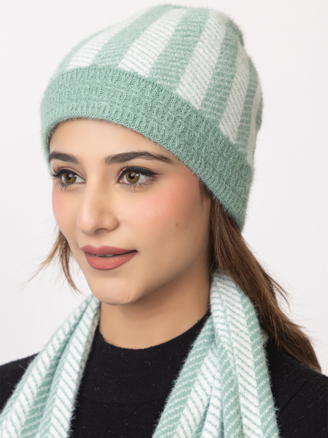 Green striper scarf cap combo