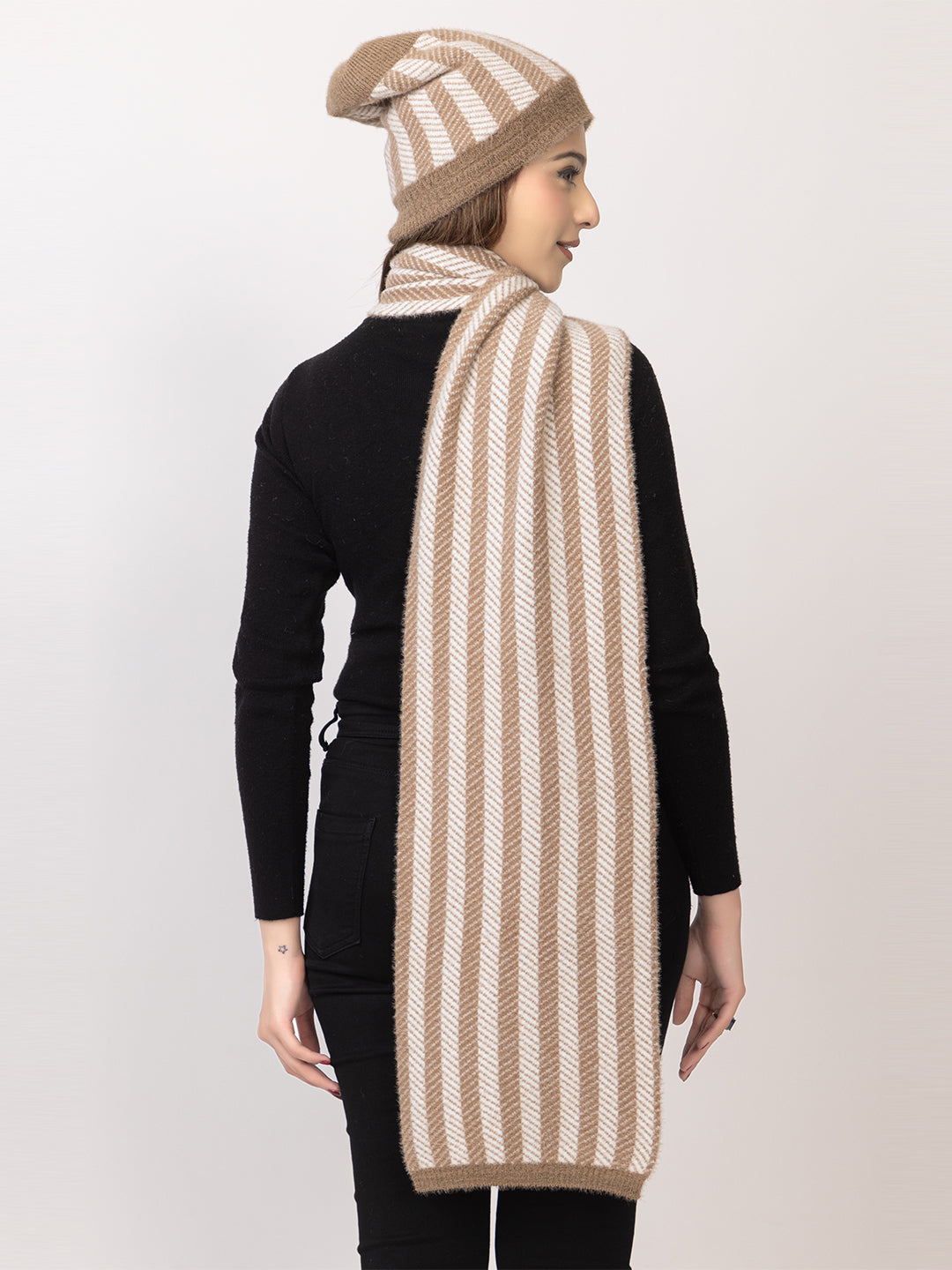 Brown striper scarf cap combo