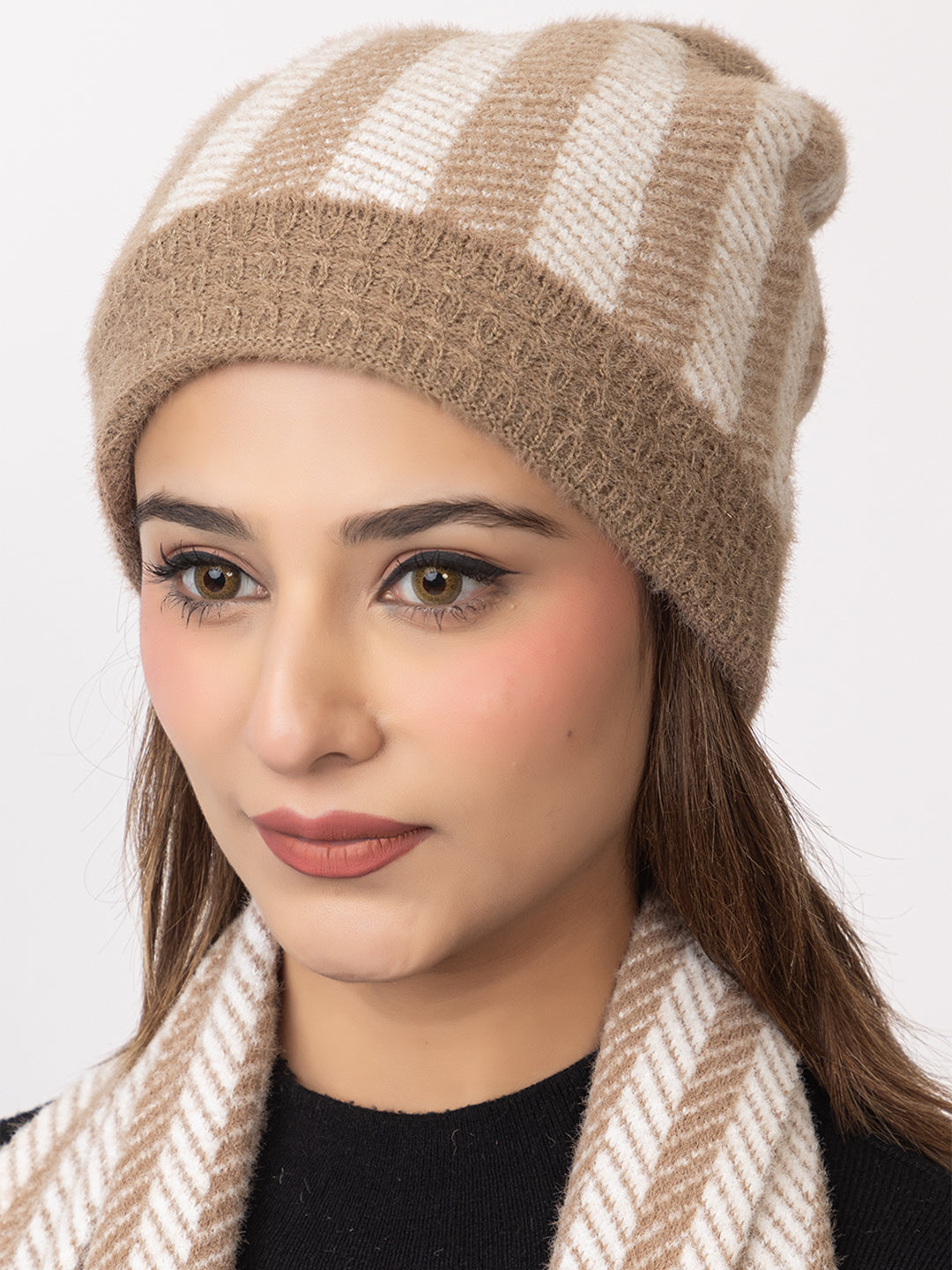 Brown striper scarf cap combo