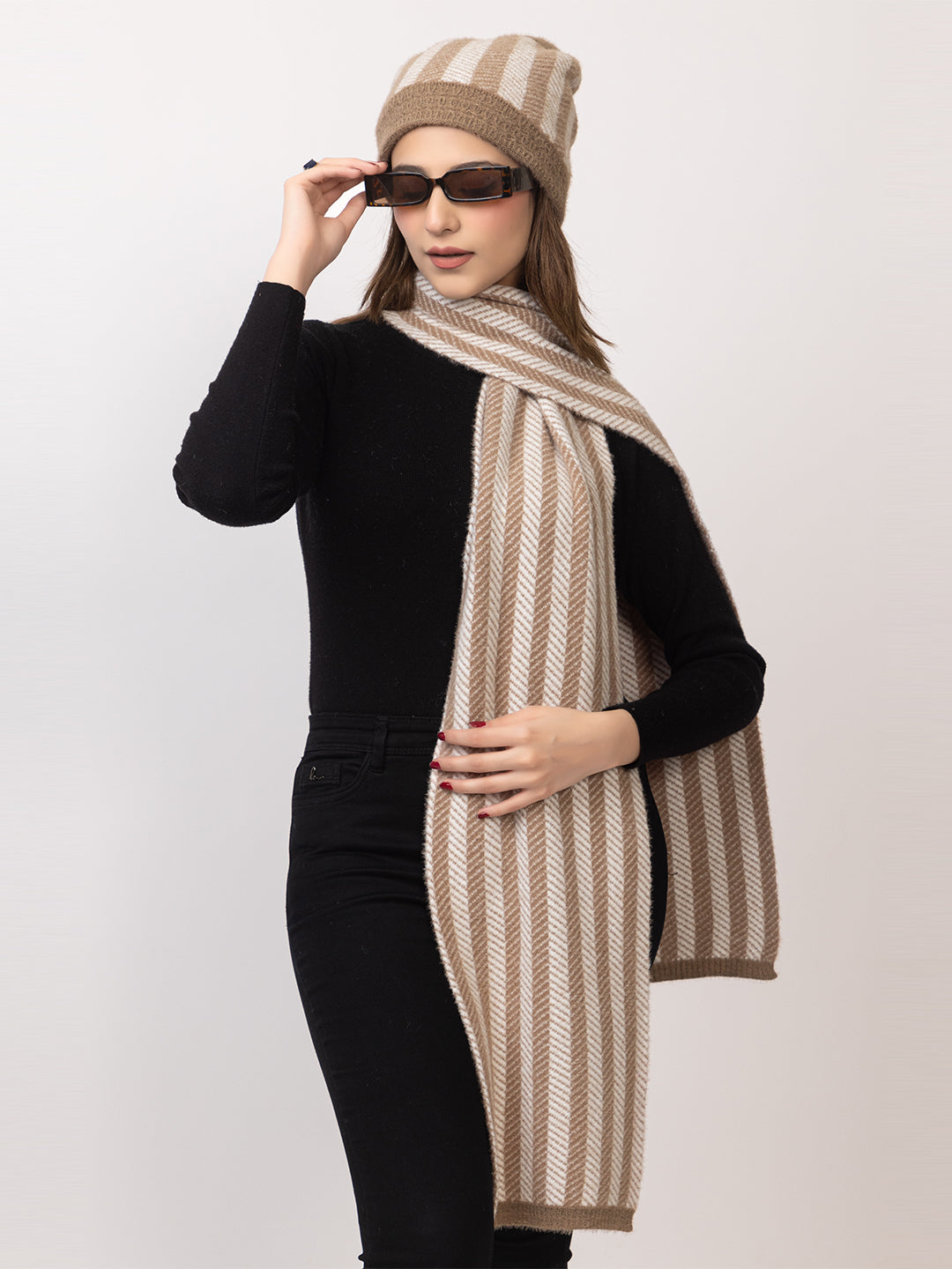 Brown striper scarf cap combo