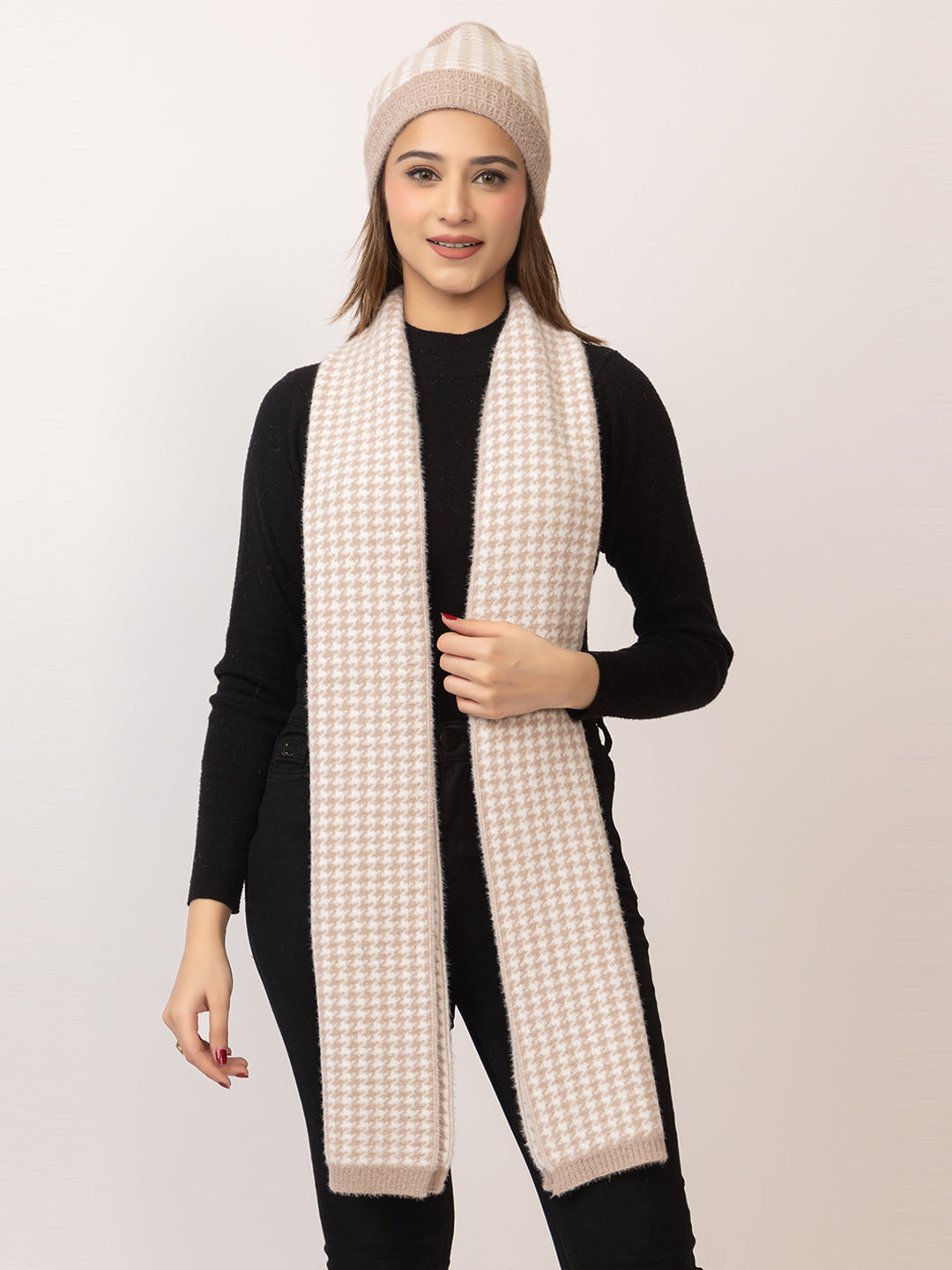 Women's Woolen Dotted Scarf and Beanie Cap Combo Set - Beige