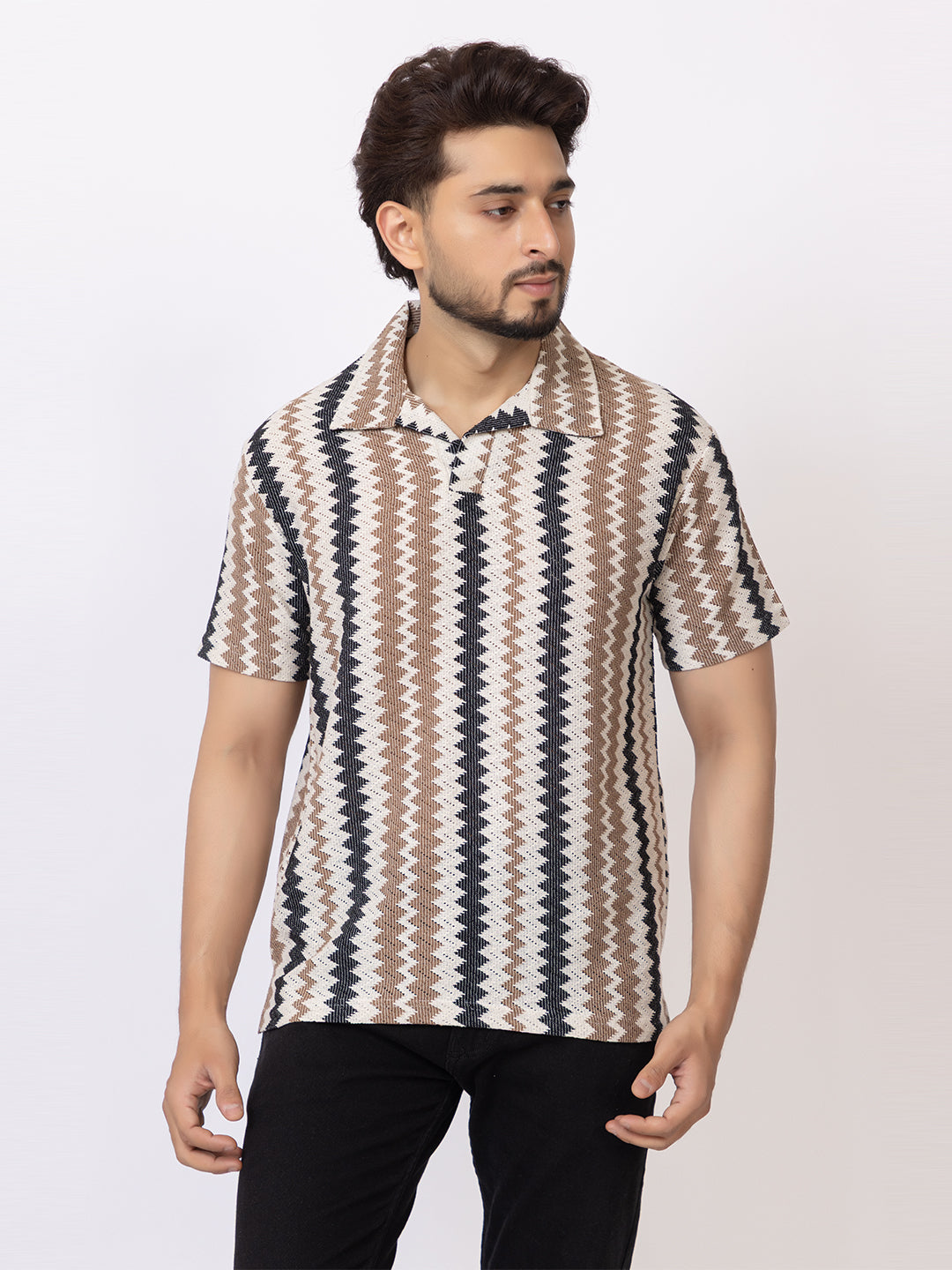 Amoldo Men’s Pure Cotton Zig-Zag Printed Polo T-Shirt | Soft Breathable Fabric | Casual & Trendy Look