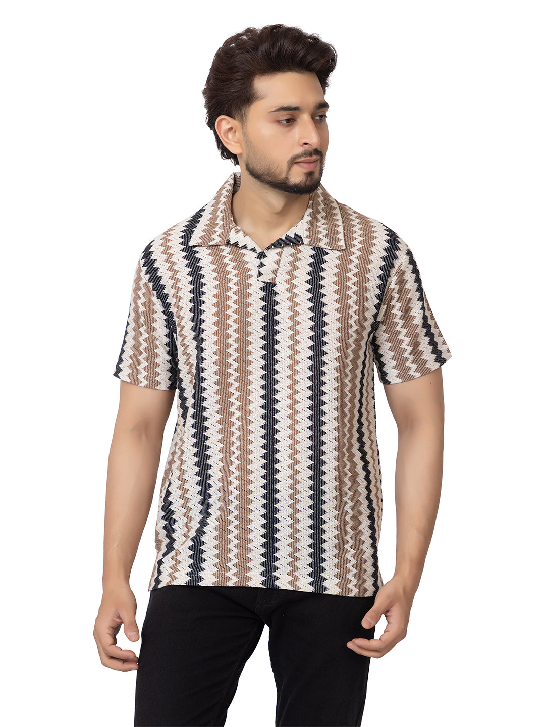 Amoldo Men’s Pure Cotton Zig-Zag Printed Polo T-Shirt | Soft Breathable Fabric | Casual & Trendy Look