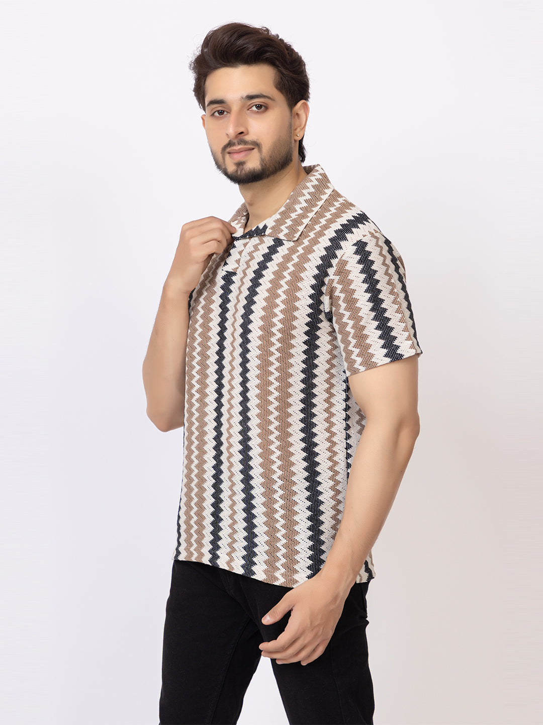 Amoldo Men’s Pure Cotton Zig-Zag Printed Polo T-Shirt | Soft Breathable Fabric | Casual & Trendy Look