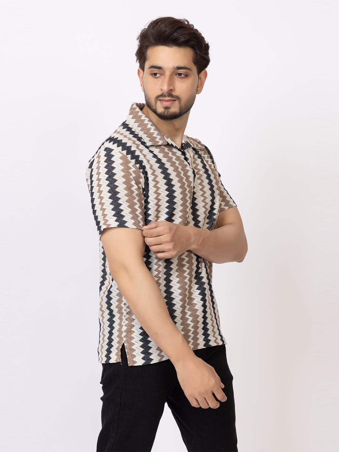 Amoldo Men’s Pure Cotton Zig-Zag Printed Polo T-Shirt | Soft Breathable Fabric | Casual & Trendy Look