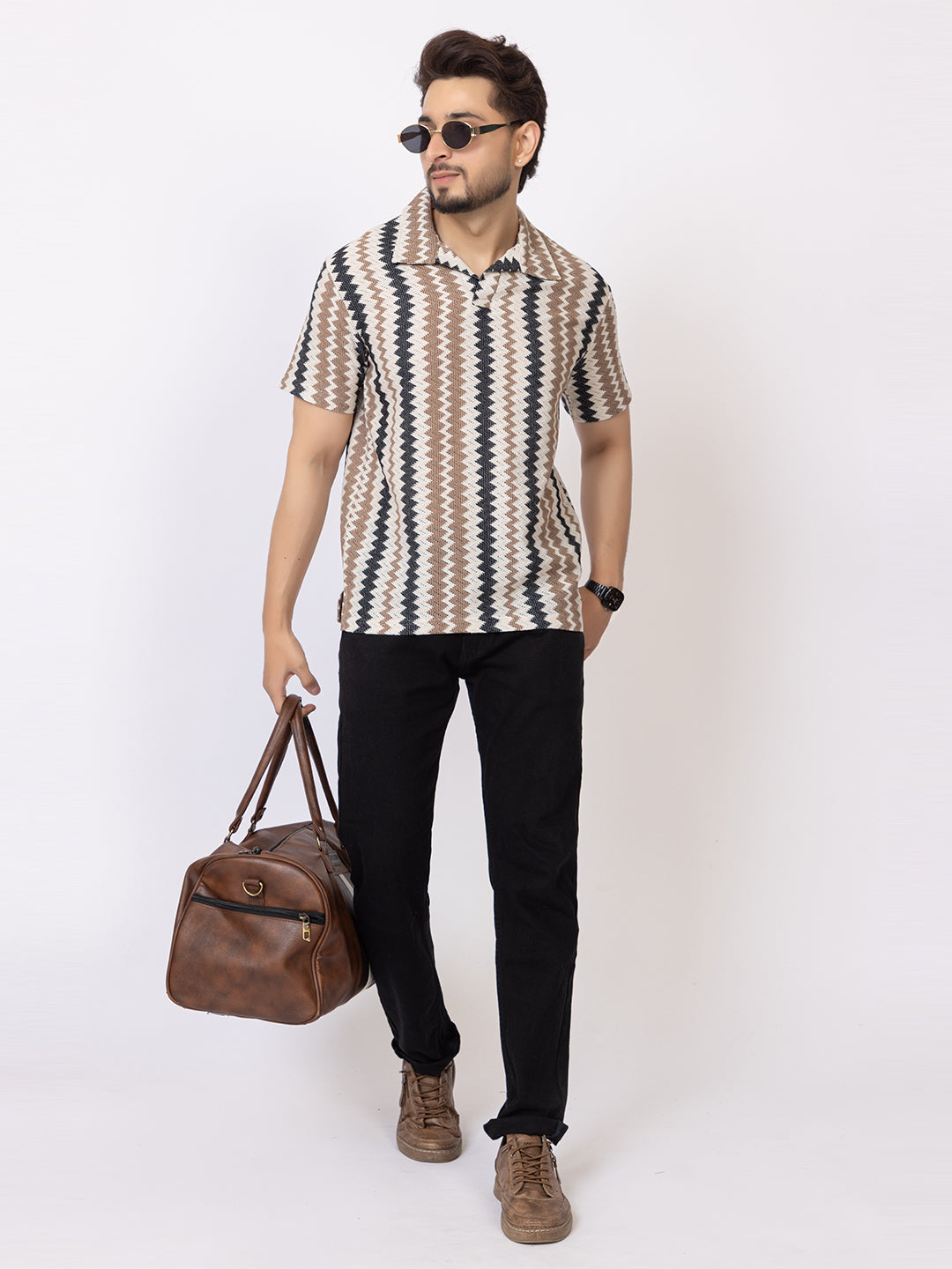 Amoldo Men’s Pure Cotton Zig-Zag Printed Polo T-Shirt | Soft Breathable Fabric | Casual & Trendy Look