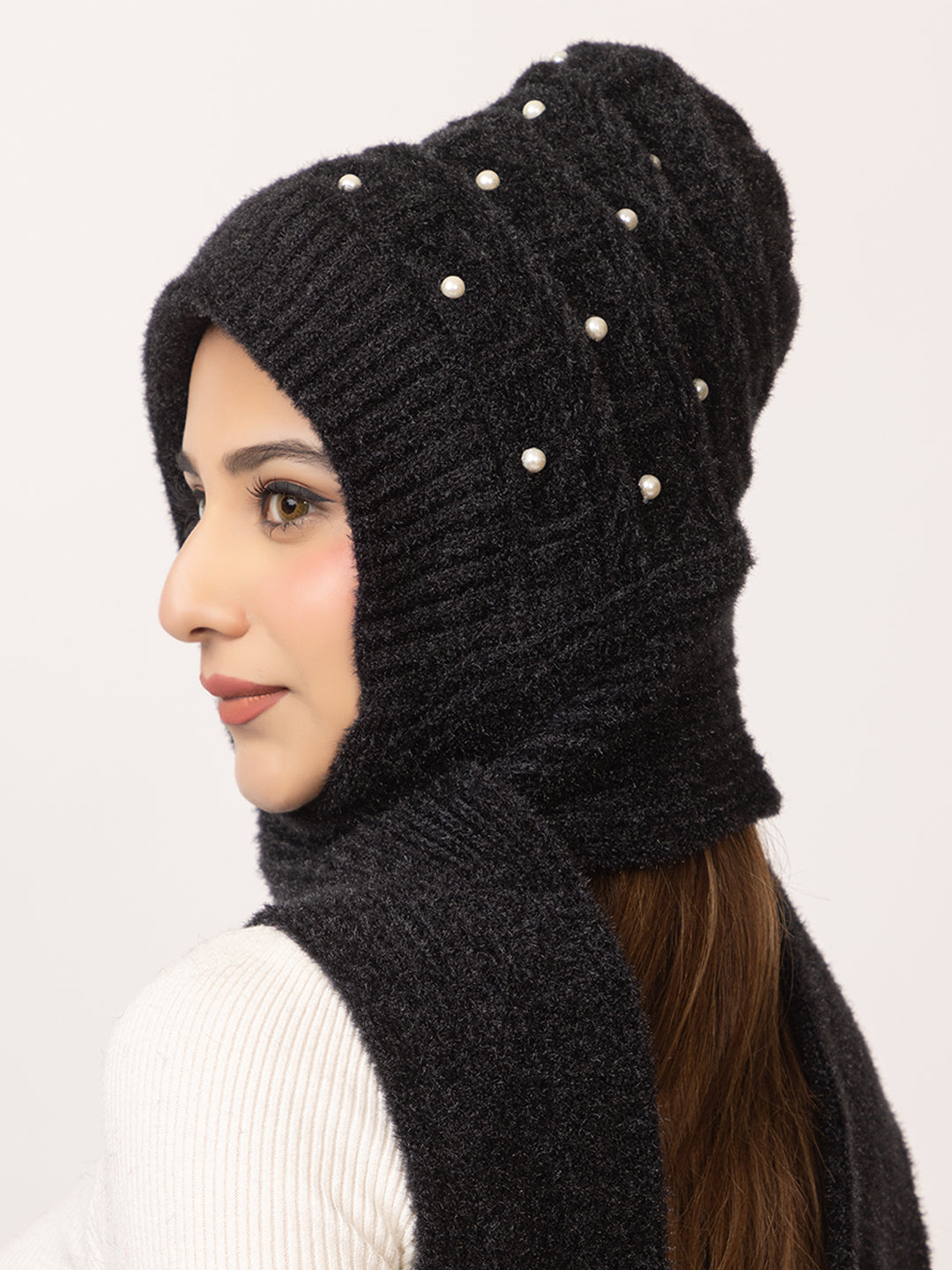 Woolen Pearl-Embellished Beanie Muffler Cap with Attached Scarf for Women - Black