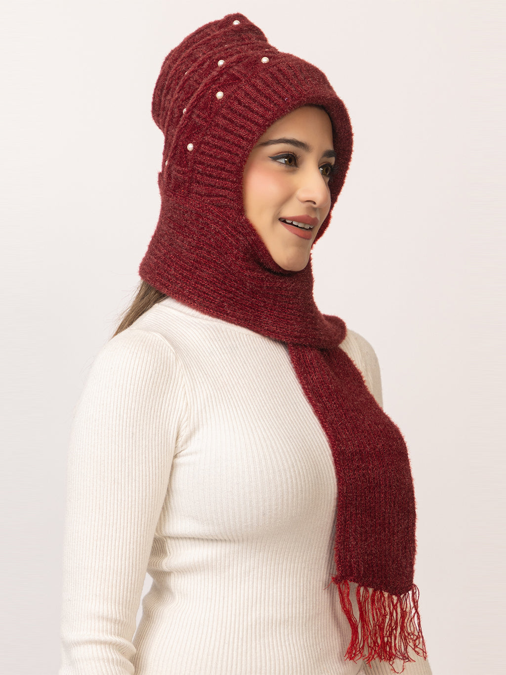 Pearl Beanie Muffler Cap with Attached Scarf for Women -Maroon