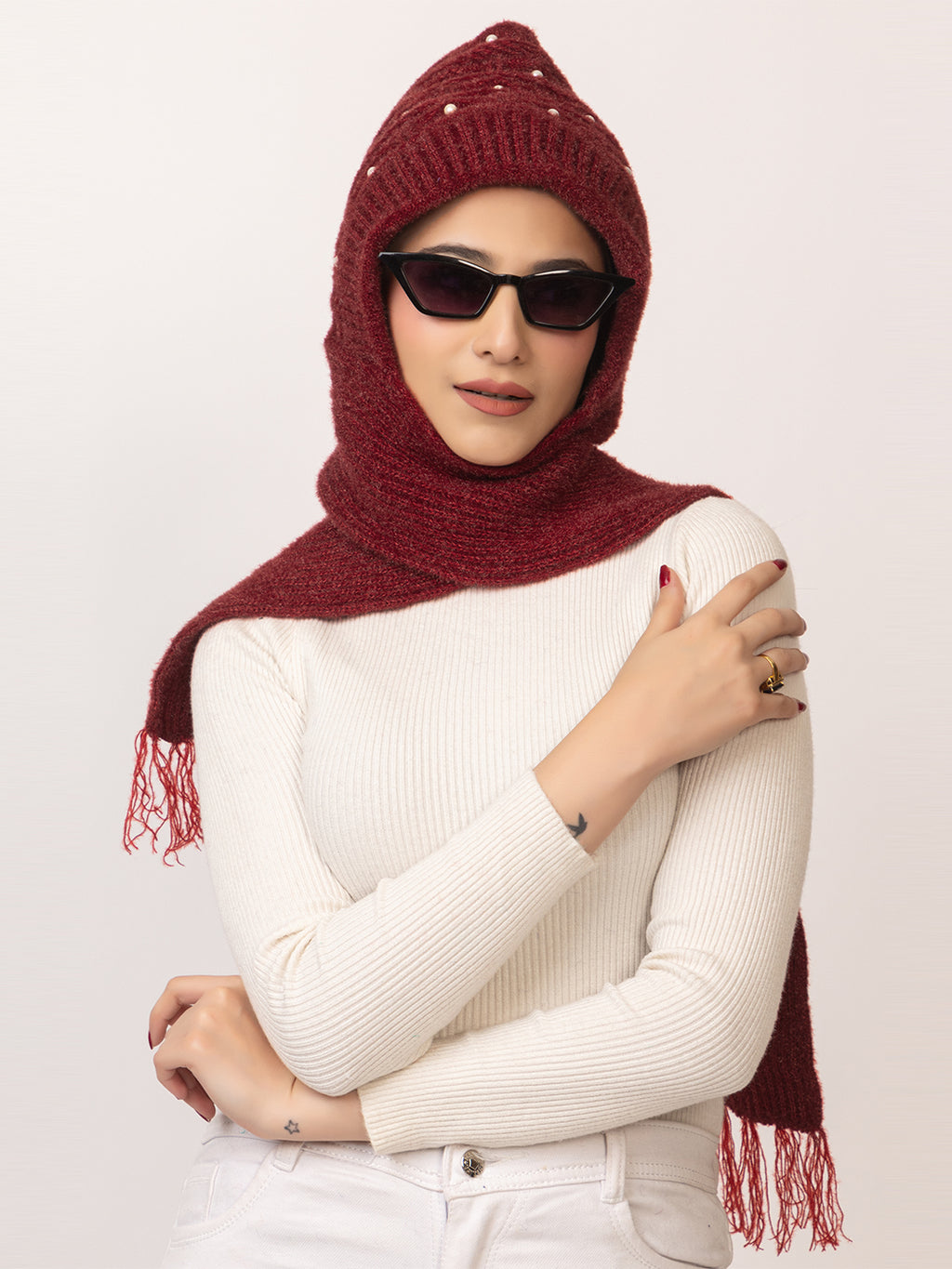 Woolen Pearl-Embellished Beanie Muffler Cap with Attached Scarf for Women Maroon