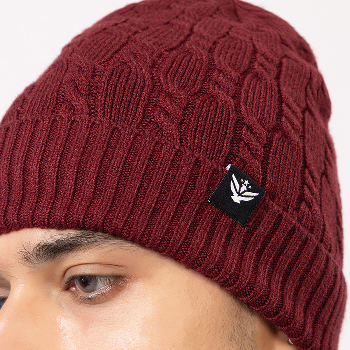 Unisex Maroon Winter Wool Cap | Warm Soft Stretch Beanie with Braid Design
