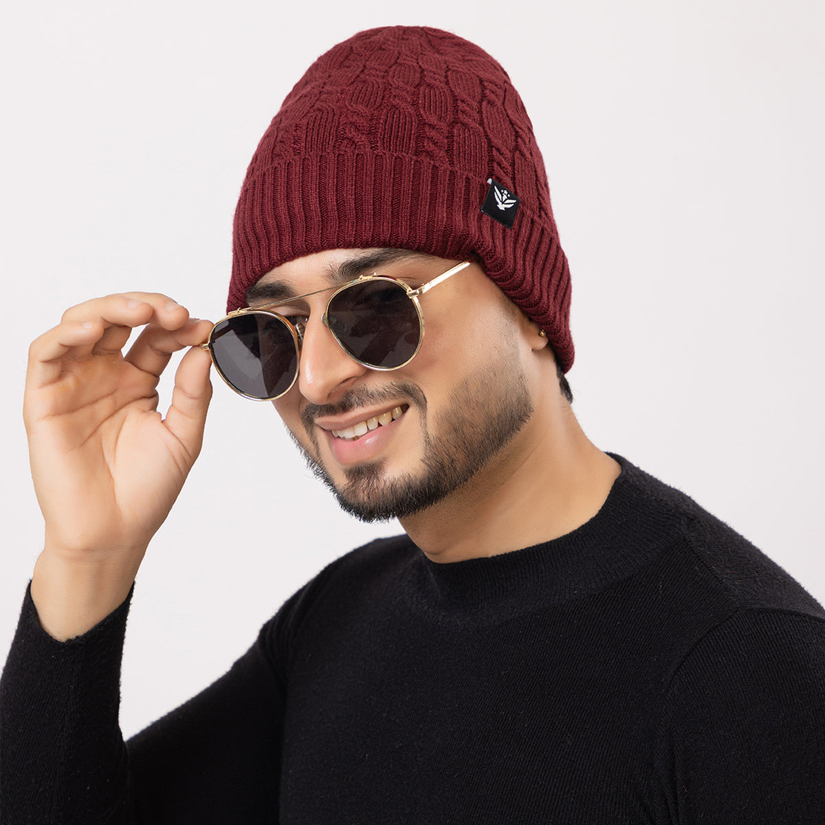 Unisex Maroon Winter Wool Cap | Warm Soft Stretch Beanie with Braid Design