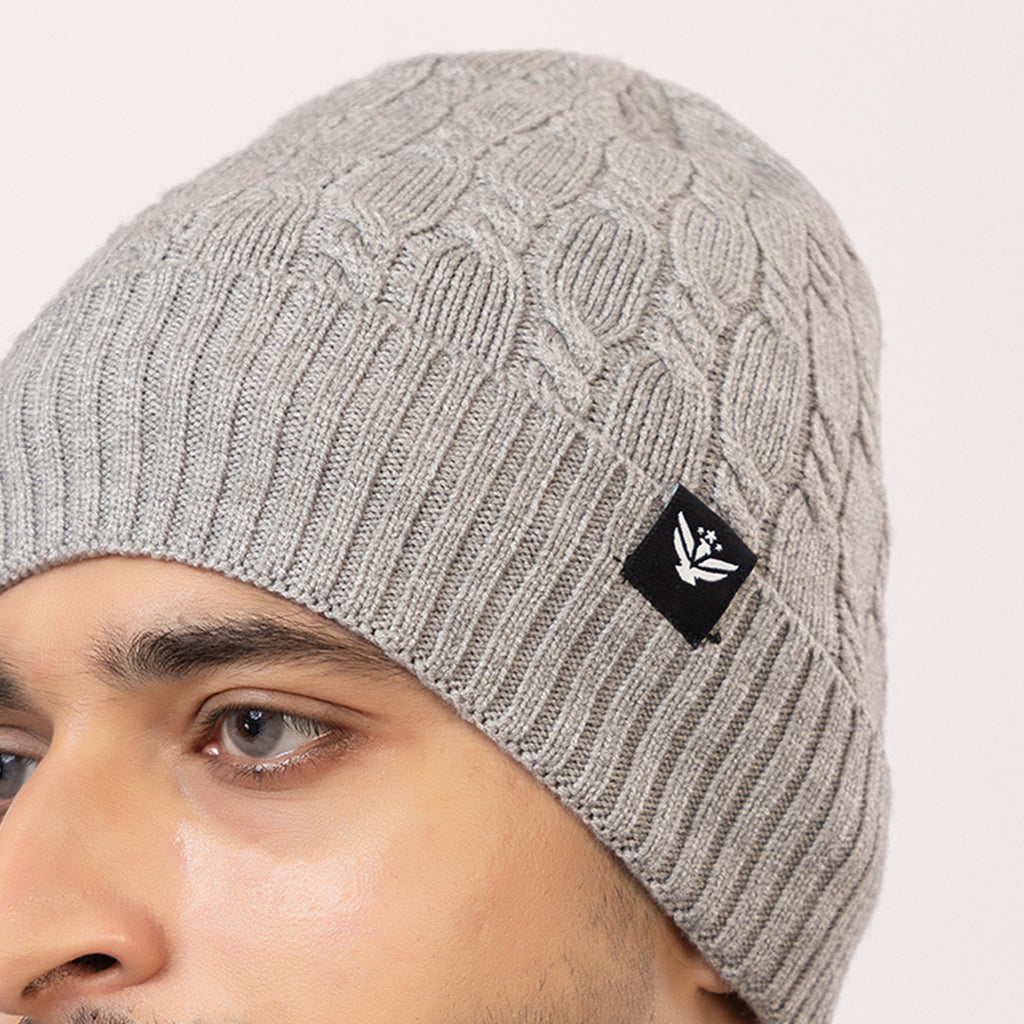 Unisex Grey Winter Wool Cap | Warm Soft Stretch Beanie with Braid Design